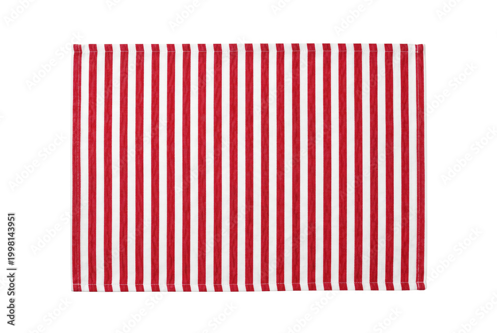Obraz premium Red striped fabric placemat top view isolated. Tableware design mockup.
