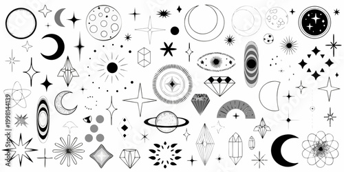 celestial icons and symbols collection black and white illustration