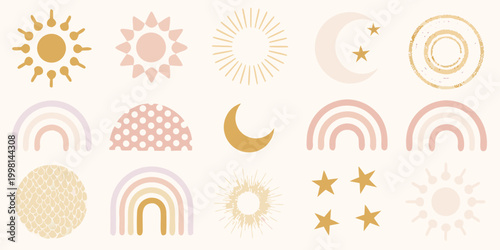 celestial shapes and rainbows abstract vector illustration on beige