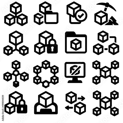 Collection of blockchain and cryptocurrency icons representing data, security, and mining concepts