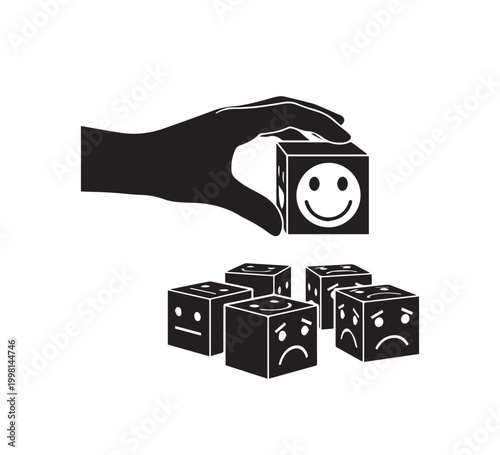 Choosing happiness Hand selects positive emotion block, symbolizing impact of decision, fostering optimistic attitude, seeking valuable feedback for well-being