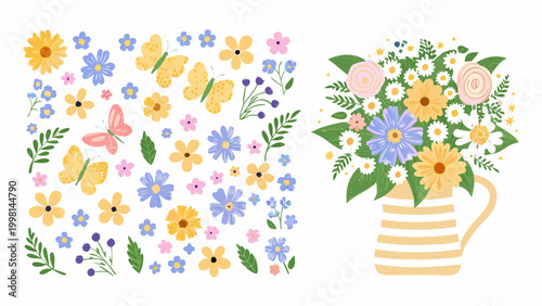 Floral arrangement and scattered flowers vector illustration pastel colors