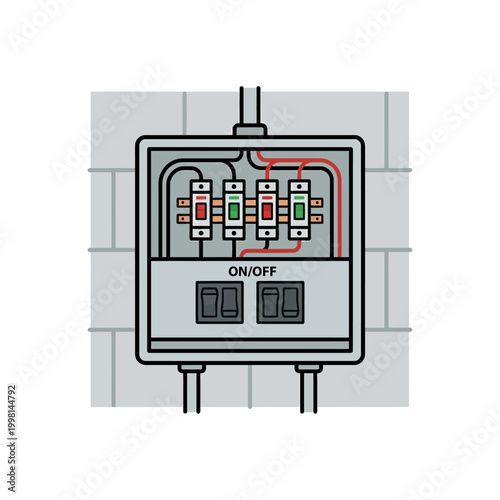 Simple electrical panel box icon on wall, clean industrial flat vector style