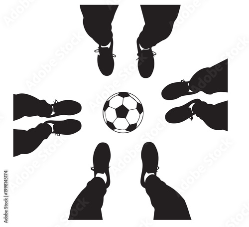 Overhead illustration of diverse athletic feet surrounding a soccer ball, embodying the essence of teamwork and collaboration for collective success on the field