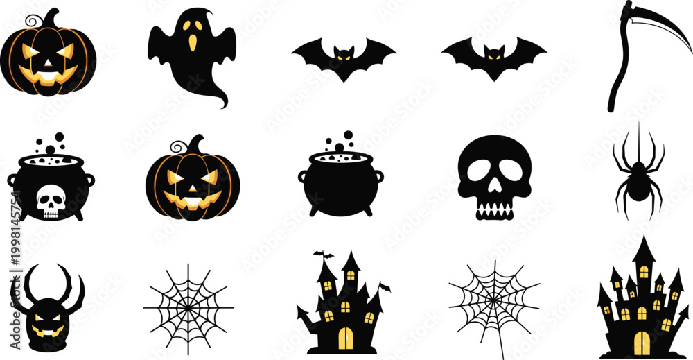 Fototapeta premium Halloween icons set including pumpkins ghosts bats spiders cauldrons scythes skulls and haunted houses