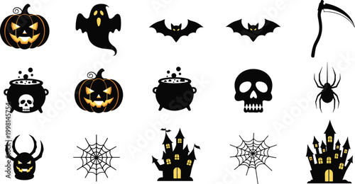 Halloween icons set including pumpkins ghosts bats spiders cauldrons scythes skulls and haunted houses