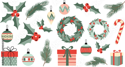 Holiday decor collection featuring christmas wreaths holly leaves pine branches baubles and gifts