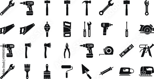 Industrial tools icon set for construction and repair work including hammers drills and various saws