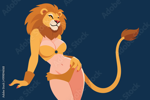Vector Sexy Lion with a Woman's Body Illustration Creative Design Template 