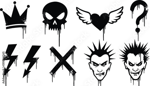 Punk rock graffiti symbols set with crown skull heart and lightning bolt dripping paint vectors