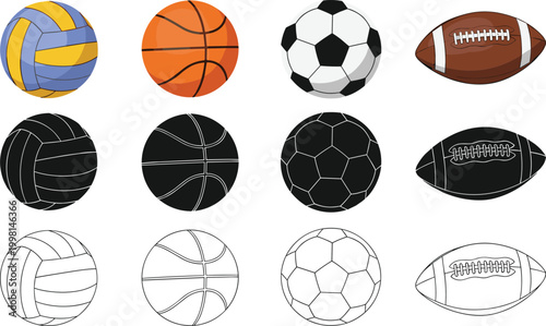 Sports balls collection including volleyball basketball football and soccer in different art styles