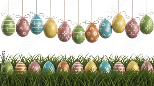 Colorful Easter egg garland hanging on white background with grass texture