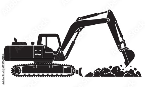 Mini excavator silhouette, compact excavator machine, construction site, vector isolated on white