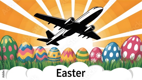 Easter celebration with airplane flying over colorful egg field at sunrise