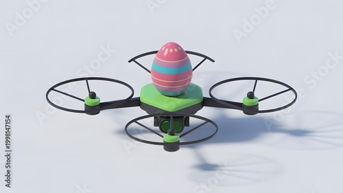 Colorful 3D drone with striped propeller flying in studio on gray background