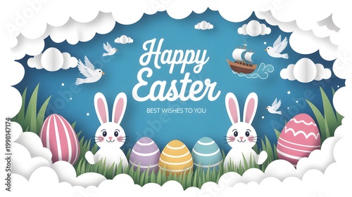 Happy Easter celebration with colorful eggs and cartoon bunnies in spring landscape