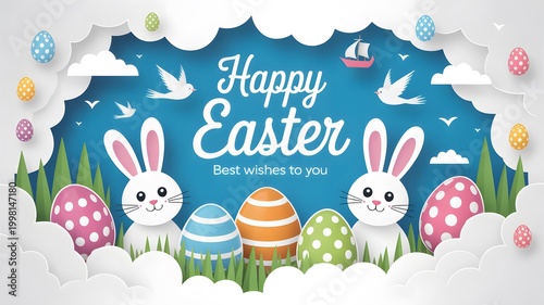 Easter celebration banner with bunnies and colorful eggs in spring landscape