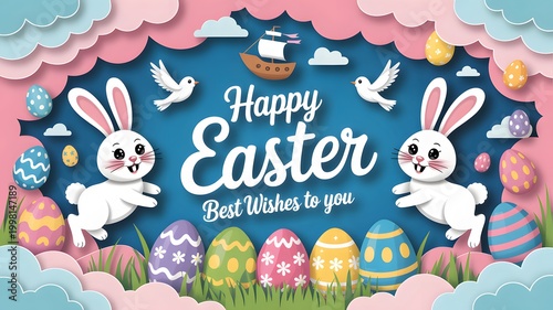 Happy Easter greeting card with bunnies, eggs, and spring decorations in pastel colors