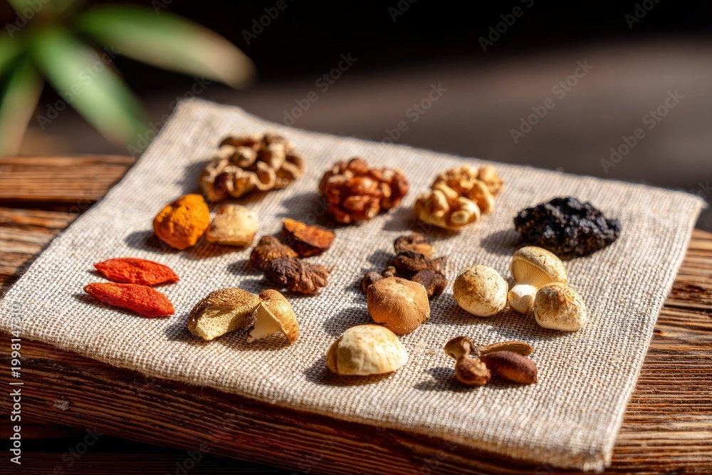 Fototapeta premium Assorted Medicinal Mushrooms Spread Out on Raw Textured Linen