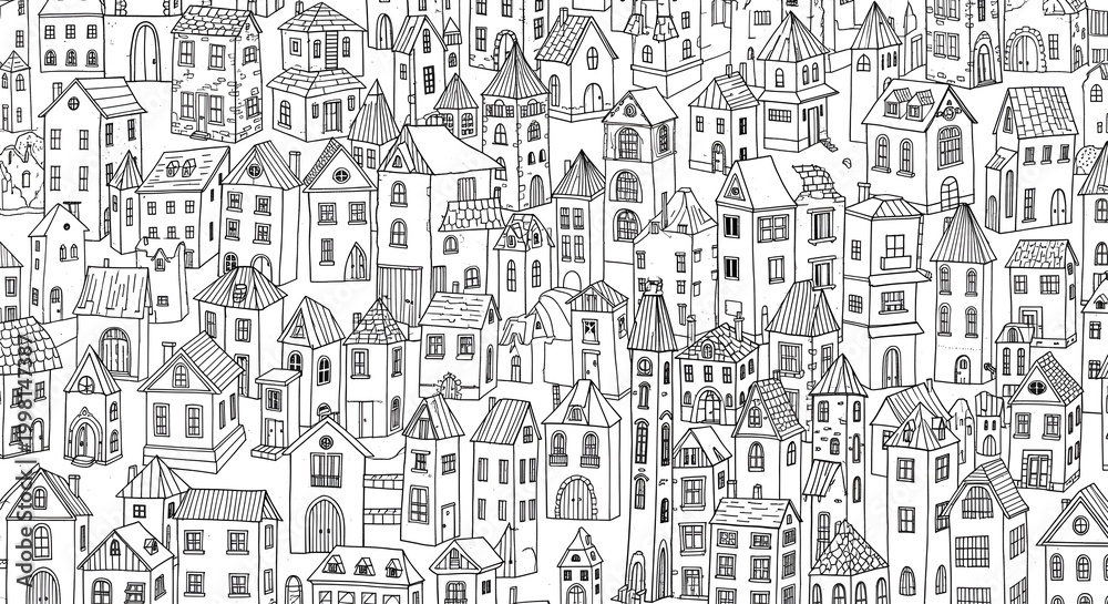 Obraz premium Detailed Hand Drawn Sketch of a Dense European Townscape with Many Buildings.