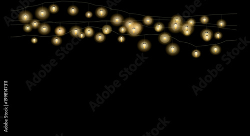 Golden string lights in dark background with warm cozy lighting for festive decoration