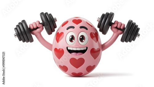 3D cartoon egg lifting dumbbells with love hearts for fitness motivation