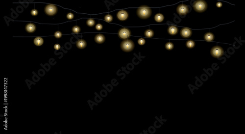 Glowing string lights in dark background with warm cozy lighting for festive decoration
