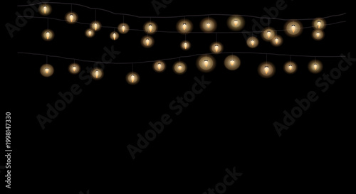 Golden string lights in dark background with warm cozy lighting for festive decoration