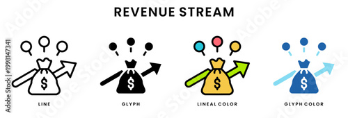 Revenue stream icon set line glyph lineal color and glyph color styles business income growth monetization concept