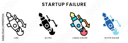 Startup failure icon set line glyph lineal color and glyph color styles business risk crisis decline concept with falling rocket