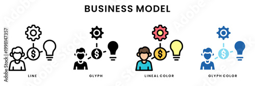 Business model icon set line glyph lineal color and glyph color styles strategy monetization concept