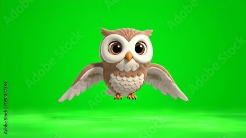 Adorable Cartoon Owl Character with Big Eyes and Fluffy Feathers Hovering Mid-Air Against a Vibrant Green Screen Background with