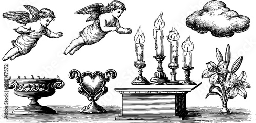 Vintage engraved sheet of flying cherubs candelabra urn cloud and lily for decorative ornamental design elements