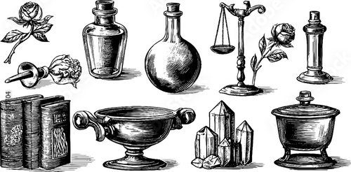 Vintage engraved alchemist bottles and scales clipart sheet with crystals books and mortar for antique design