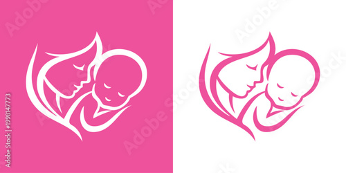 Logotipo con dibujo minimalista con líneas de una madre abrazando a su hijo, para tarjetas y felicitaciones del Día de la Madre