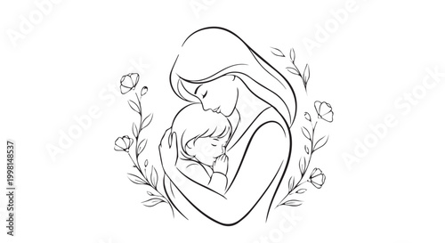 Mother hugging child line art with elegant floral frame illustration