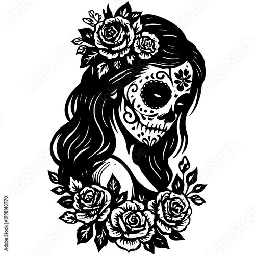Sugar skull woman with flowers floral day of the dead