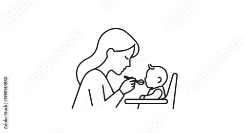 Mother feeding baby in high chair minimalist line art illustration