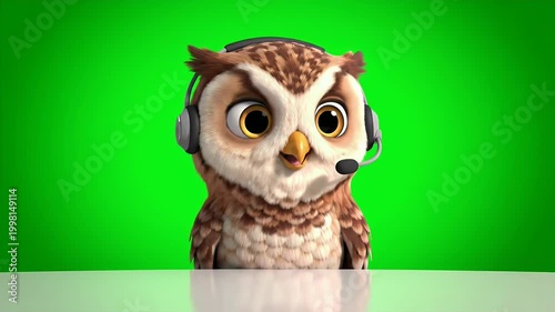 Charming 3D Rendered Owl Character Wearing a Headset and Speaking into a Microphone with Expressive Eyes Against a Vibrant Green