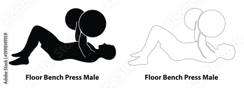 Man Black Silhouette and Outline Set Performing Floor Bench Press for Chest Strength and Upper Body Fitness Training Illustration