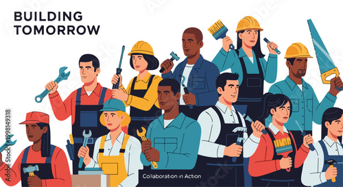 Building Tomorrow construction worker team illustration, diverse professional laborers with tools, collaboration in action industrial workforce banner