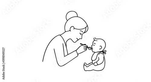 Mother feeding baby with spoon minimalist flat line art illustration