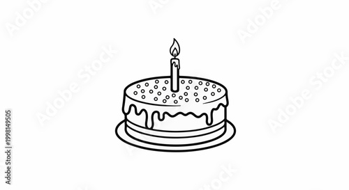 Line art of a round cake with a single candle and sprinkles