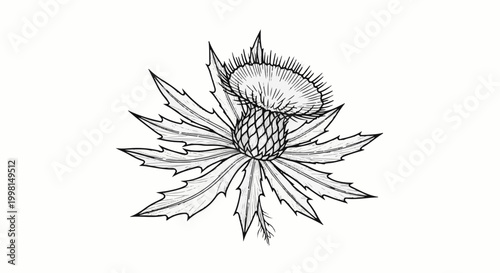Ink drawing of a spiky thistle plant with detailed leaves and bloom