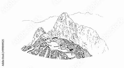 Ink sketch of ancient mountaintop ruins with iconic peaks and surrounding landscape