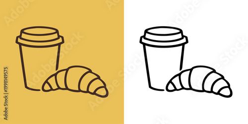 Logo cafetería. Dibujo sencillo con líneas de un vaso de papel con café y un croissant 