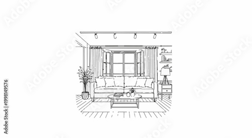 Interior sketch of a living room with sofa, coffee table, window, and bookshelf