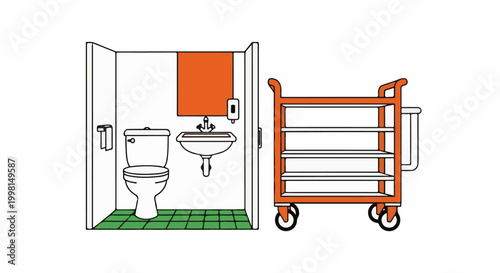 Interior view of a bathroom stall with toilet, sink, and a wheeled shelving unit