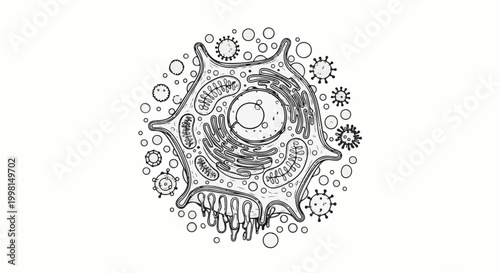 Intricate black and white illustration of a complex cell surrounded by viral particles