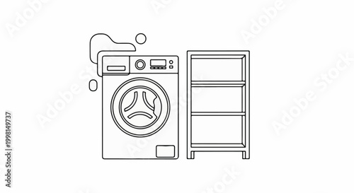 Line art of a washing machine and a three-shelf unit